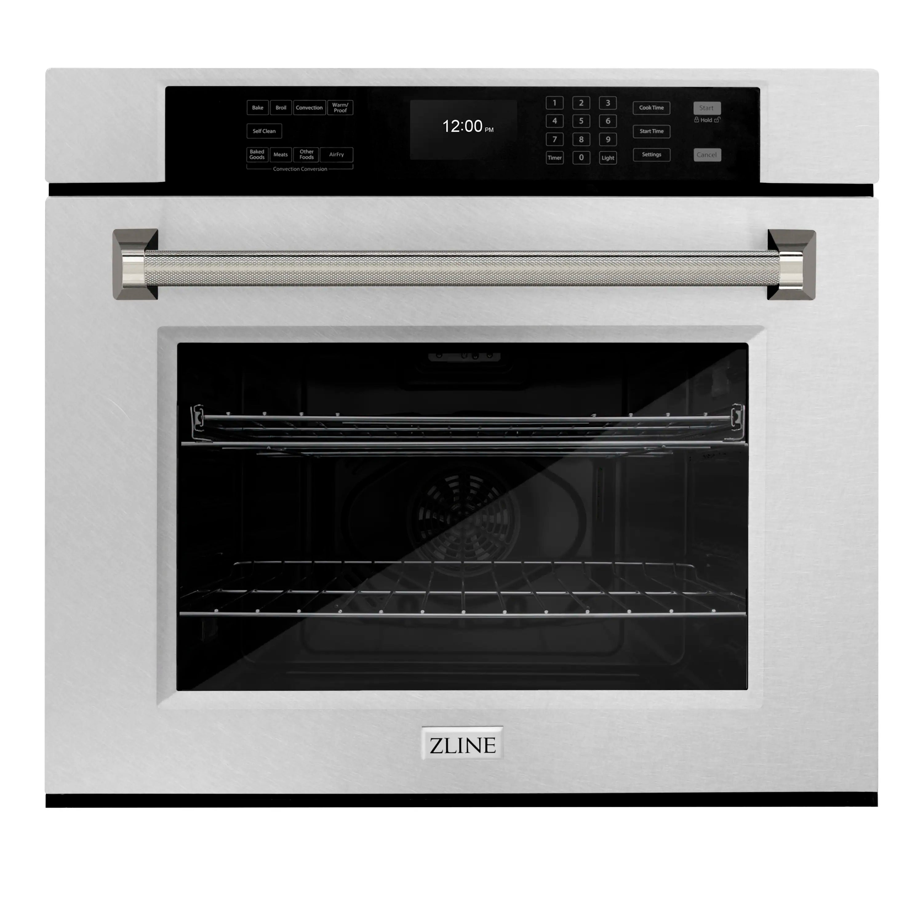 Single wall oven exterior with open door window and wire rack shelves, ZLINE logo