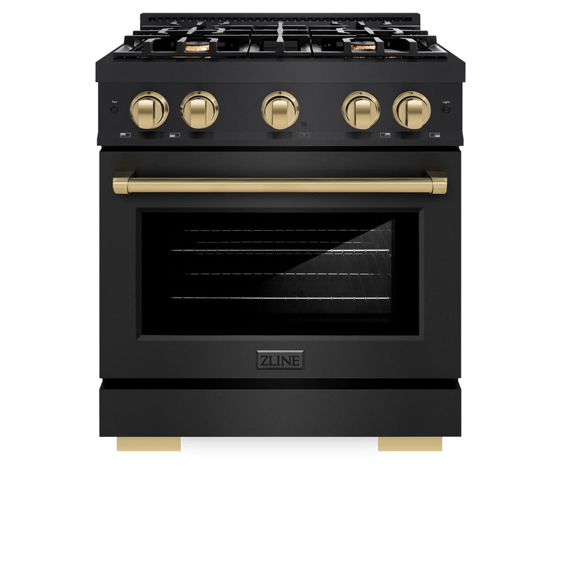 ZLINE Autograph Edition 30-Inch Select Series Dual Fuel Range with 4 Gas Burner Cooktop and 4.2 Cu. Ft. Electric Convection Oven in Black Stainless Steel with Polished Gold Accents (HDRBZ-30-G)