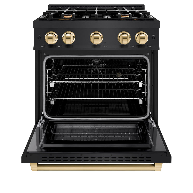 ZLINE Autograph Edition 30-Inch Select Series Gas Range with 4 Gas Burner Cooktop and 4.2 Cu. Ft. Gas Convection Oven in Black Stainless Steel and Gold Accents (HGRBZ-30-G)