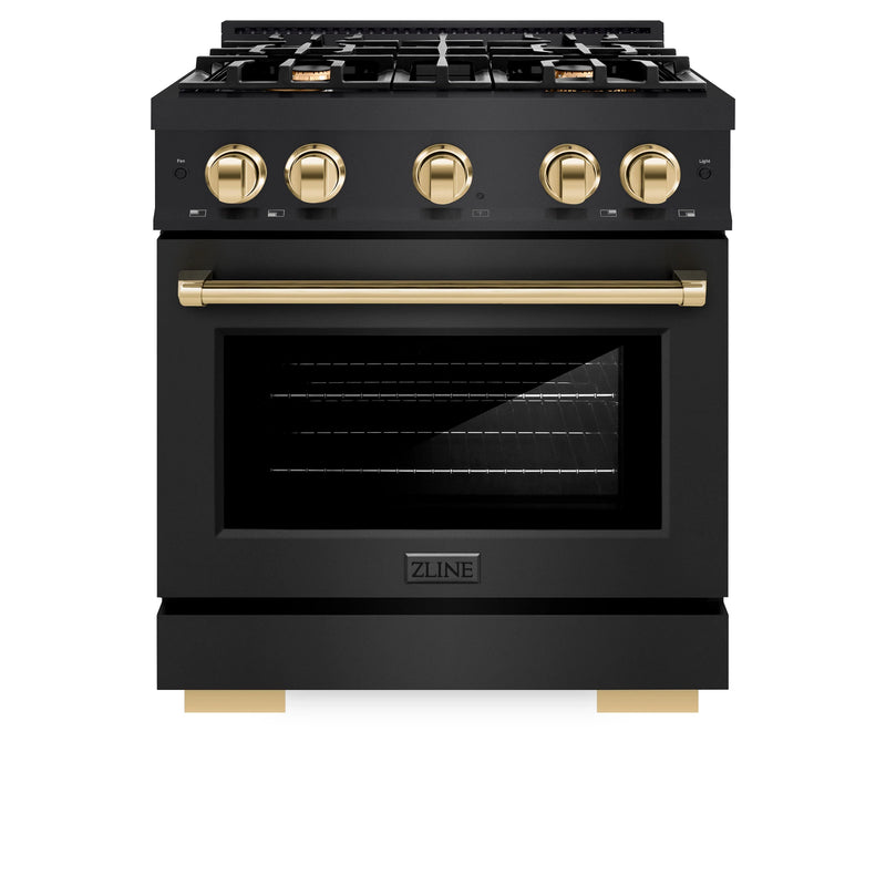 ZLINE Autograph Edition 30-Inch Select Series Gas Range with 4 Gas Burner Cooktop and 4.2 Cu. Ft. Gas Convection Oven in Black Stainless Steel and Gold Accents (HGRBZ-30-G)