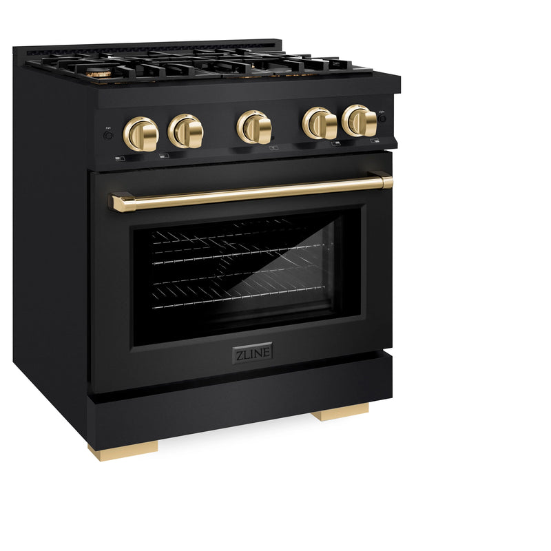 ZLINE Autograph Edition 30-Inch Select Series Dual Fuel Range with 4 Gas Burner Cooktop and 4.2 Cu. Ft. Electric Convection Oven in Black Stainless Steel with Polished Gold Accents (HDRBZ-30-G)