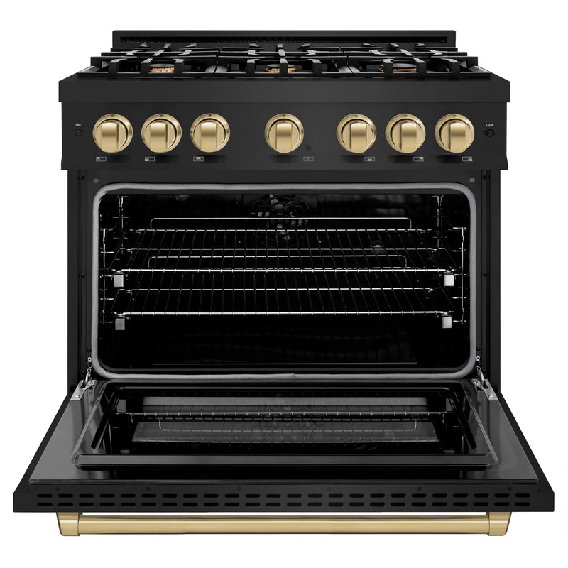 ZLINE Autograph Edition 36-Inch Select Series Dual Fuel Range with 6 Gas Burner Cooktop and 5.2 Cu. Ft. Electric Convection  in Black Stainless Steel with Champagne Bronze Accents (HDRBZ-36-CB)