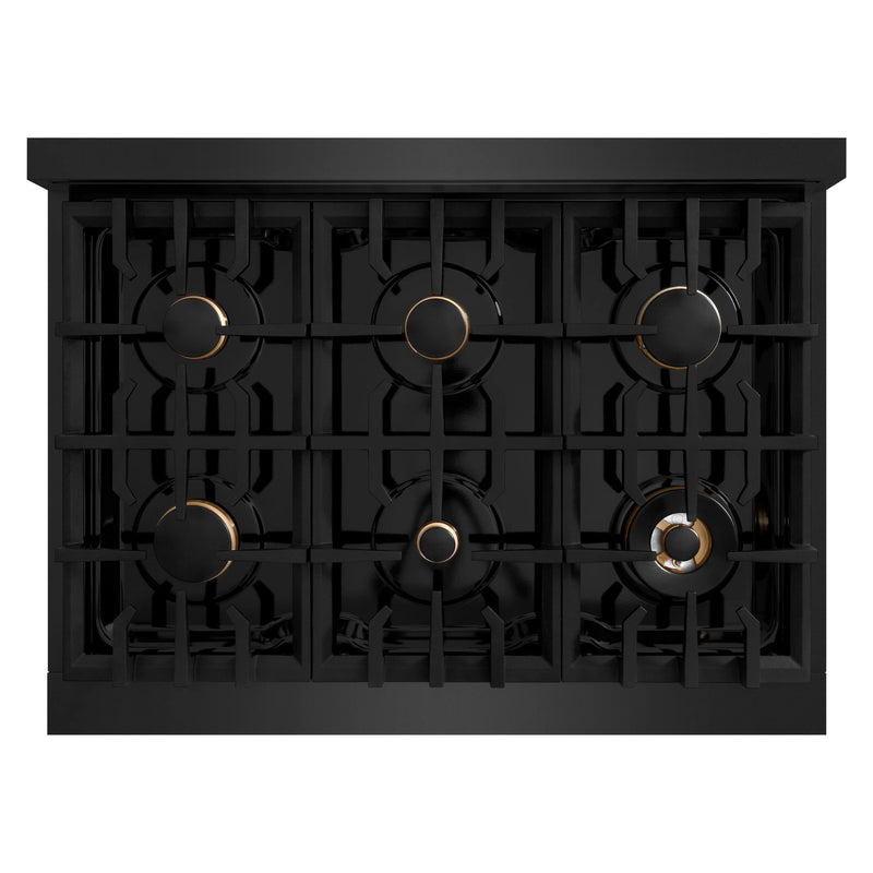 ZLINE Autograph Edition 36-Inch Select Series Dual Fuel Range with 6 Gas Burner Cooktop and 5.2 Cu. Ft. Electric Convection  in Black Stainless Steel with Champagne Bronze Accents (HDRBZ-36-CB)