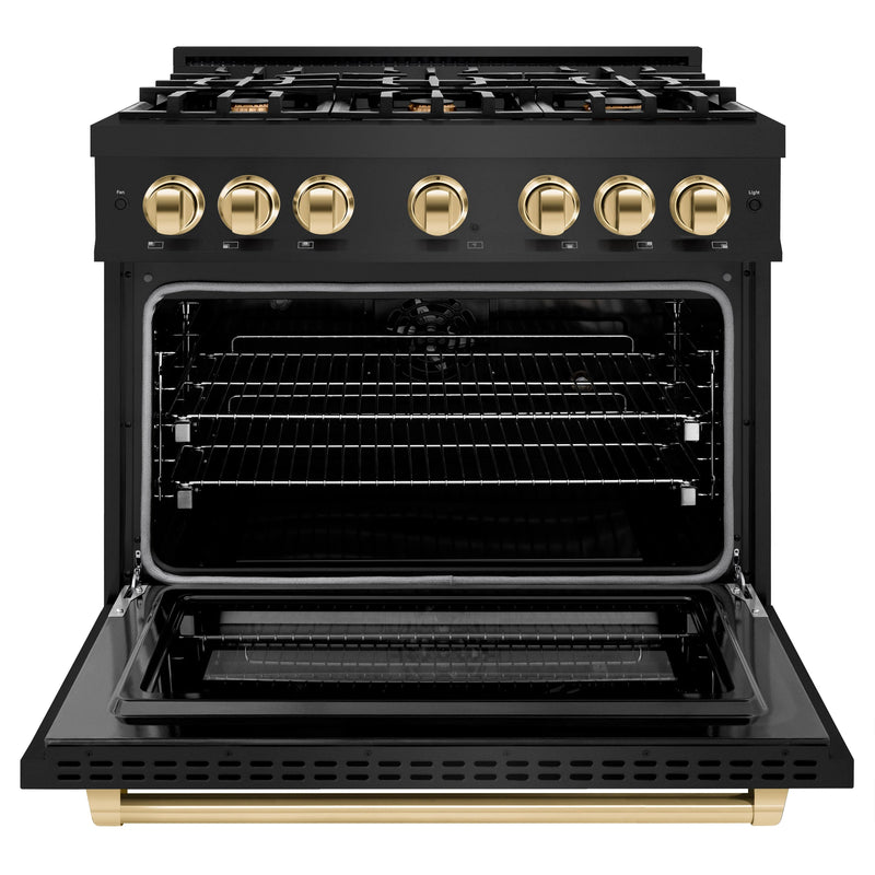 ZLINE Autograph Edition 36-Inch Select Series Dual Fuel Range with 6 Gas Burner Cooktop and 5.2 Cu. Ft. Electric Convection  in Black Stainless Steel with Polished Gold Accents (HDRBZ-36-G)