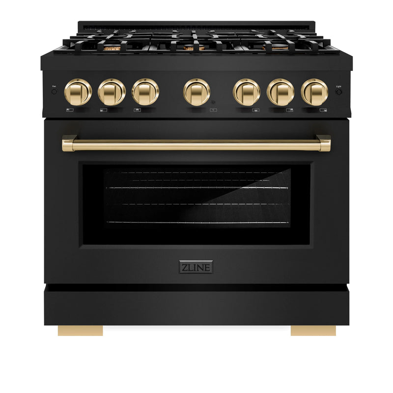 ZLINE Autograph Edition 36-Inch Select Series Dual Fuel Range with 6 Gas Burner Cooktop and 5.2 Cu. Ft. Electric Convection  in Black Stainless Steel with Polished Gold Accents (HDRBZ-36-G)