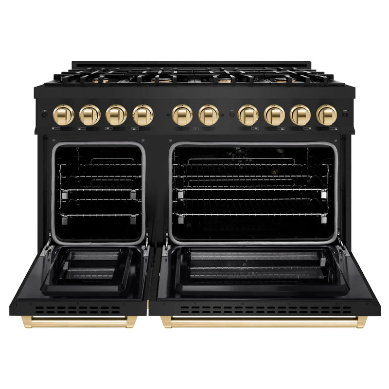 ZLINE Autograph Edition 48-Inch Select Series Gas Range with 8 Burner Cooktop and 6.7 Cu. Ft. in Double Oven in Black Stainless and Gold (HGRBZ-48-G)