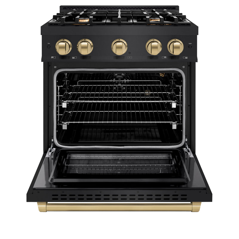 ZLINE Autograph Edition 30-Inch Select Series Gas Range with 4 Gas Burner Cooktop and 4.2 Cu. Ft. Gas Convection Oven in Black Stainless Steel and Champagne Bronze Accents (HGRBZ-30-CB)