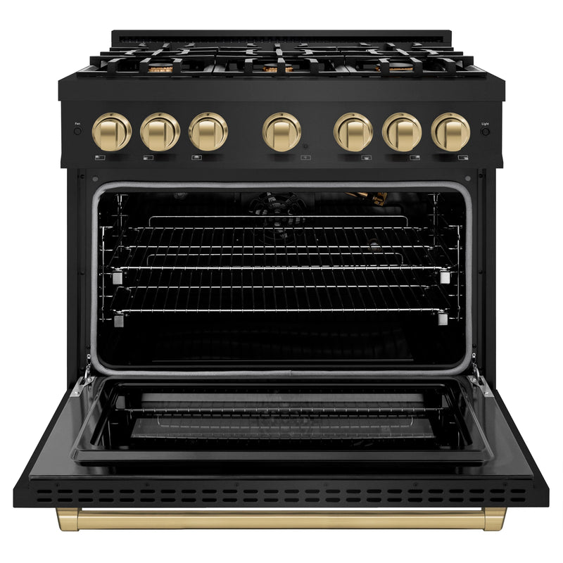 ZLINE Autograph Edition 36-Inch Select Series Gas Range with 6 Burner Cooktop and 5.2 Cu. Ft. Convection Gas Oven in Black Stainless Steel and Champagne Bronze Accents (HGRBZ-36-CB)