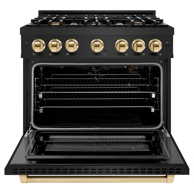 ZLINE Autograph Edition 36-Inch Select Series Gas Range with 6 Burner Cooktop and 5.2 Cu. Ft. Convection Gas Oven in Black Stainless Steel and Polished Gold Accents (HGRBZ-36-G)