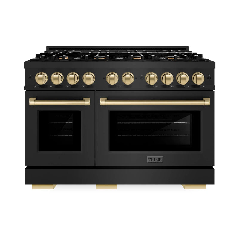 ZLINE Autograph Edition 48-Inch Select Series Gas Range with 8 Burner Cooktop and 6.7 Cu. Ft. Double Oven in Black Stainless Steel and Champagne Bronze Accents (HGRBZ-48-CB)