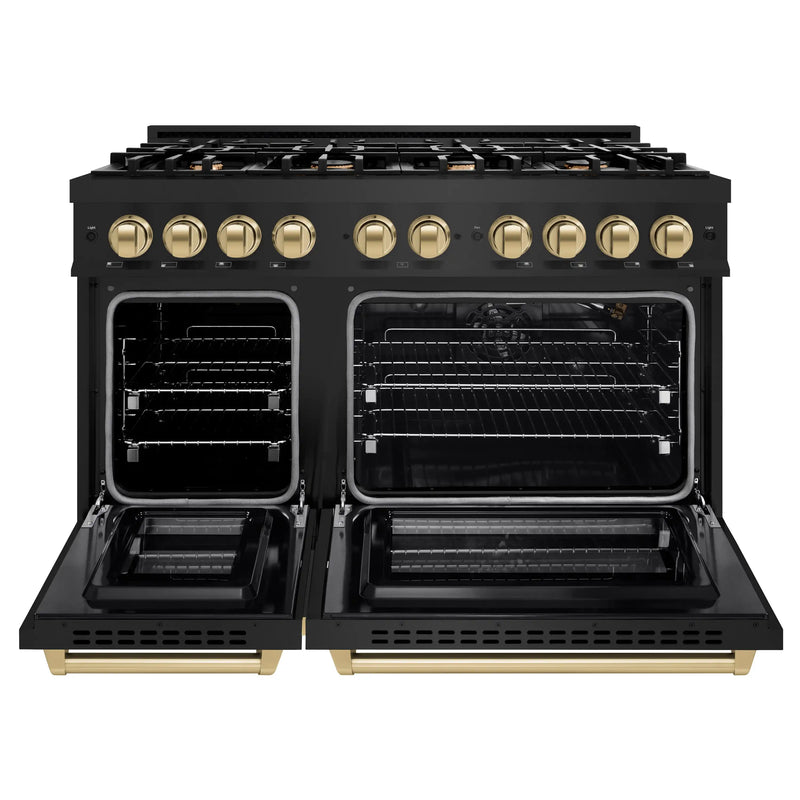 ZLINE Autograph Edition 48-Inch Select Series Gas Range with 8 Burner Cooktop and 6.7 Cu. Ft. Double Oven in Black Stainless Steel and Champagne Bronze Accents (HGRBZ-48-CB)