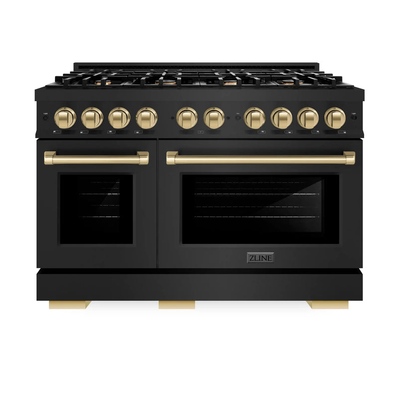 ZLINE Autograph Edition 48-Inch Select Series Gas Range with 8 Burner Cooktop and 6.7 Cu. Ft. Double Oven in Black Stainless Steel and Champagne Bronze Accents (HGRBZ-48-CB)