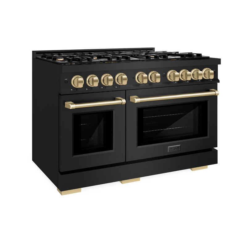 ZLINE Autograph Edition 48-Inch Select Series Gas Range with 8 Burner Cooktop and 6.7 Cu. Ft. Double Oven in Black Stainless Steel and Champagne Bronze Accents (HGRBZ-48-CB)