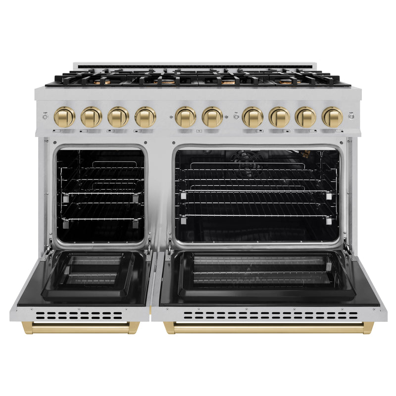 ZLINE Autograph Edition 48-Inch Select Series Gas Range with 8 Gas Burner Cooktop and 6.7 Cu. Ft. Gas Convection Oven in DuraSnow® Stainless Steel and Champagne Bronze Accents (HGRSZ-48-CB)
