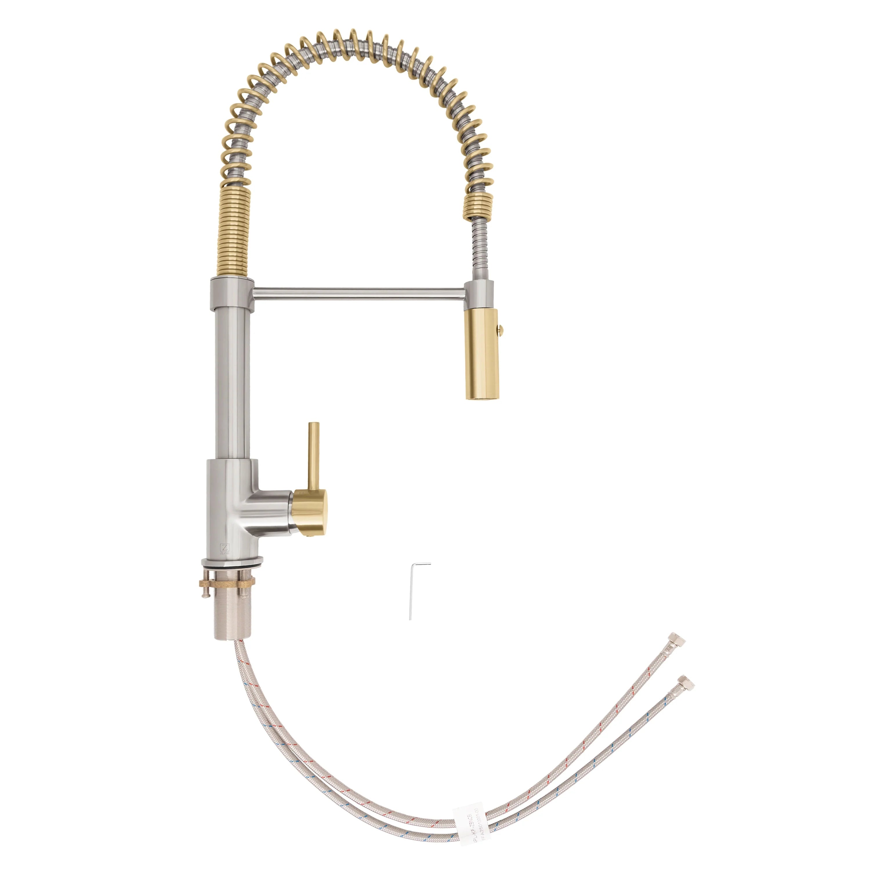 Brushed nickel faucet with champagne bronze handle and coiled pull-down hose