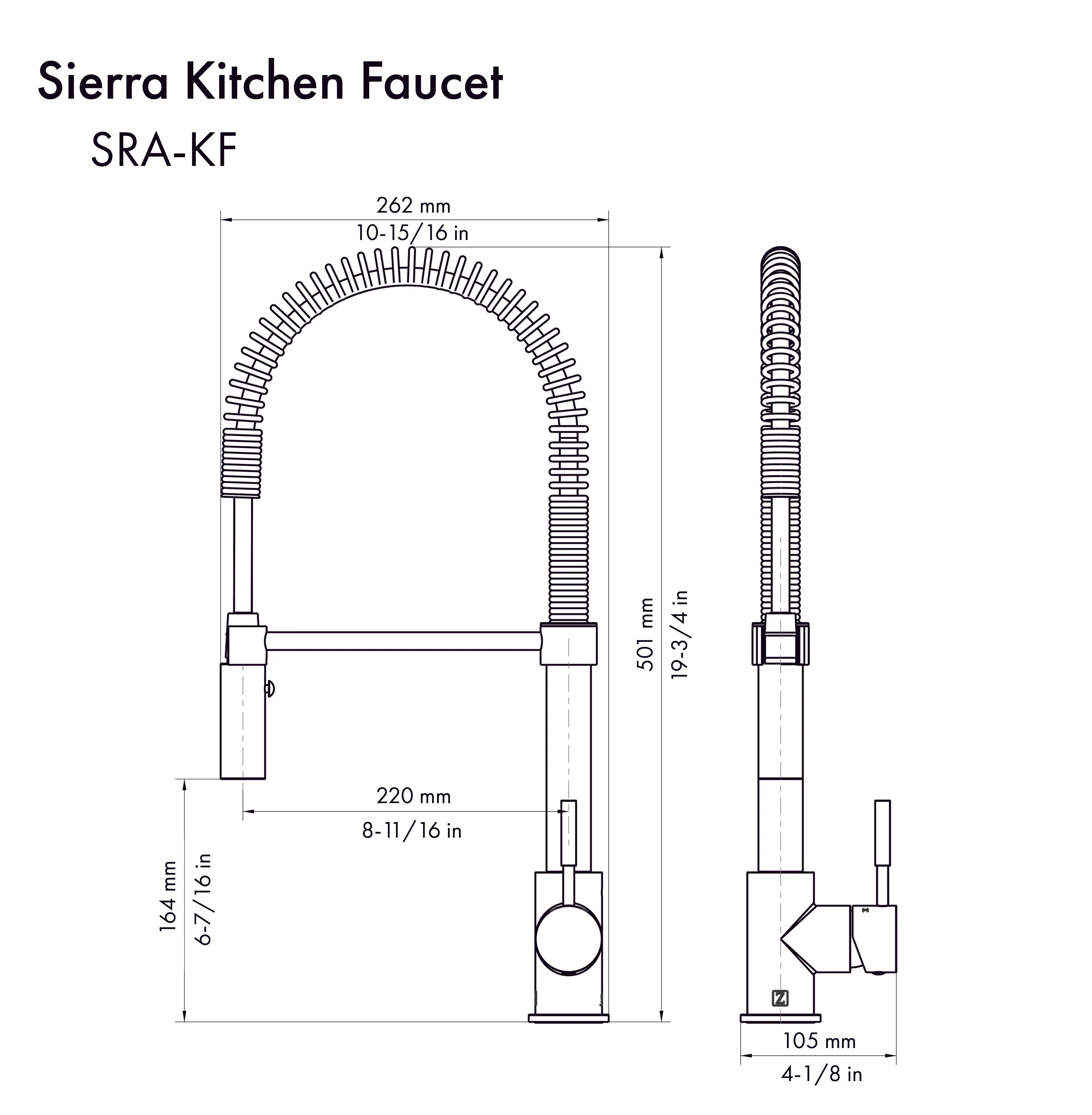 Line drawing of Sierra single-handle pull-down kitchen faucet with labeled dimensions