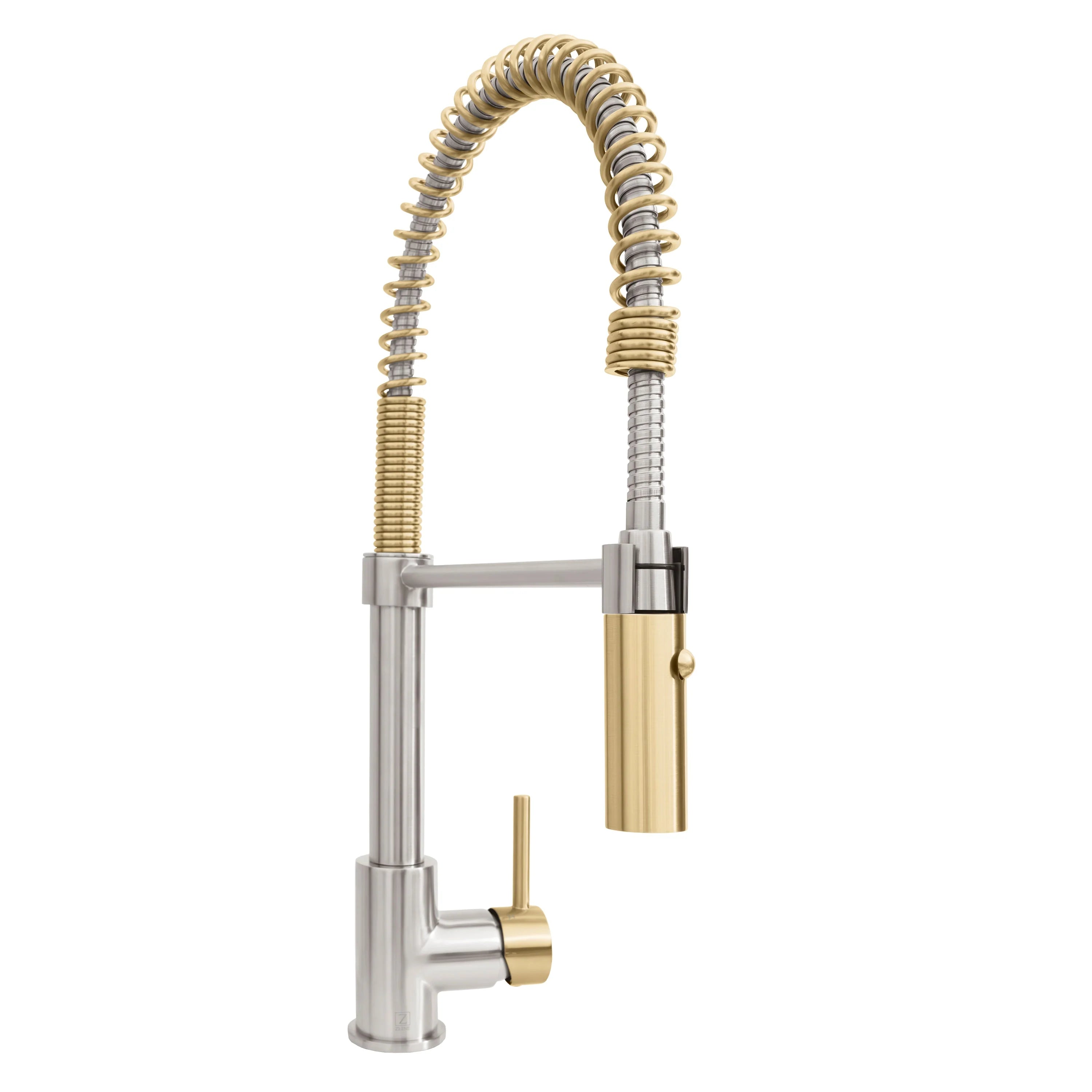 Brushed nickel pull-down kitchen faucet with arched coiled hose and champagne bronze handle