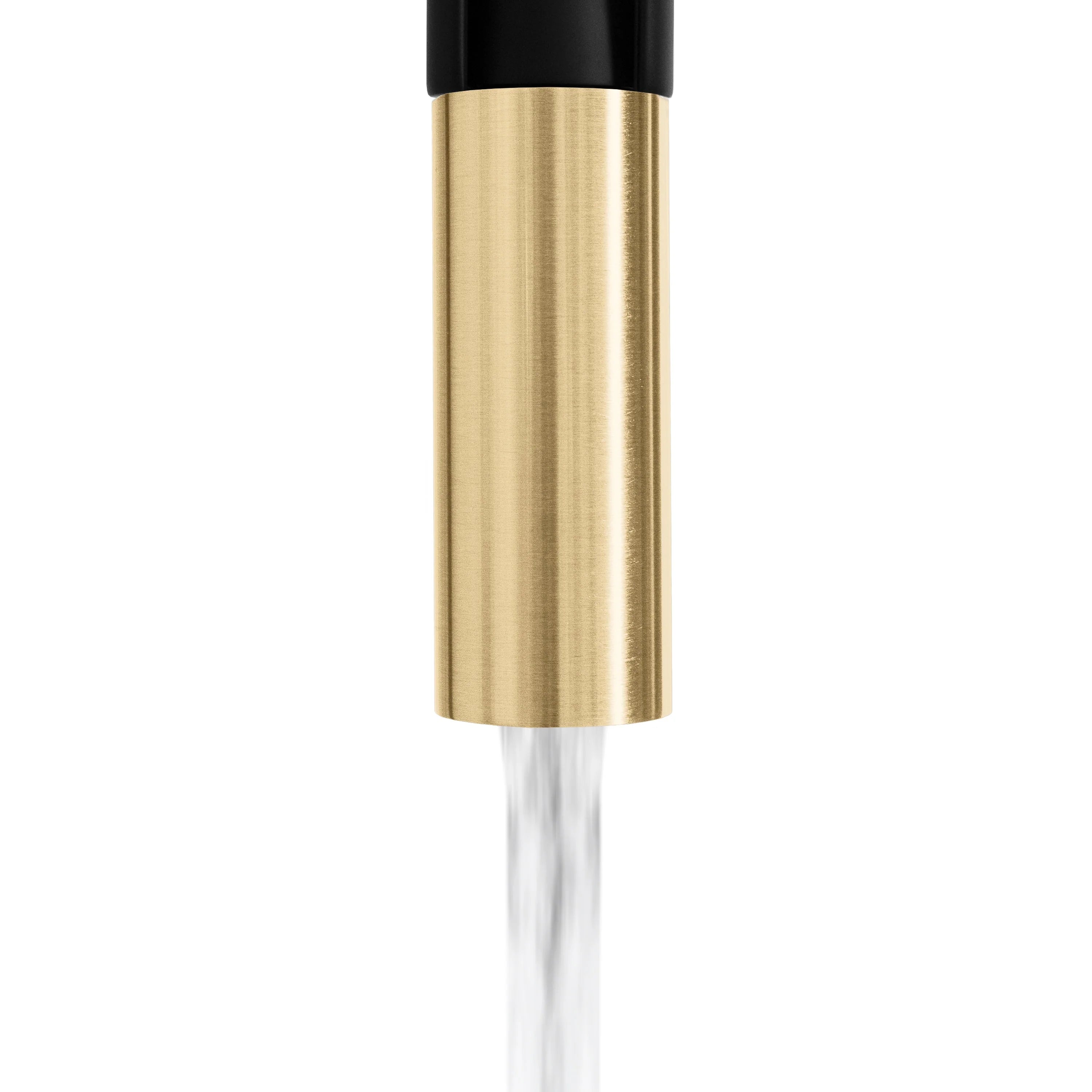 Champagne bronze spray head showing steady clear water stream beneath the black top