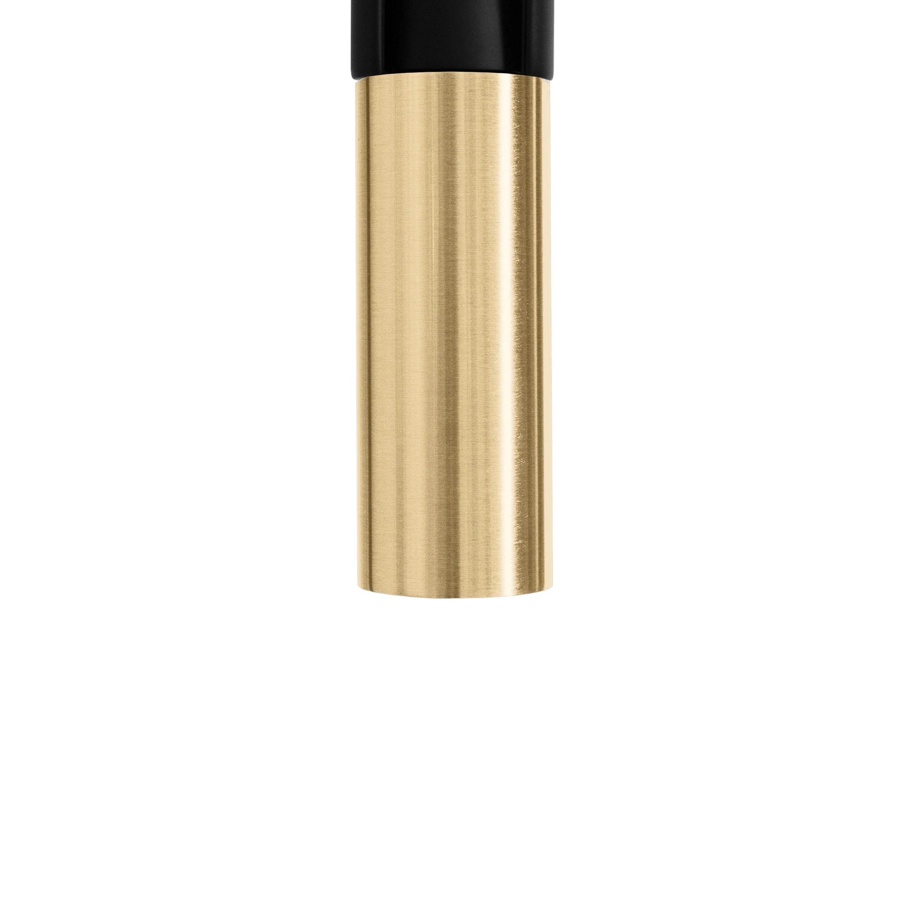 Champagne bronze pull-down spray head with black top, shown without water flow