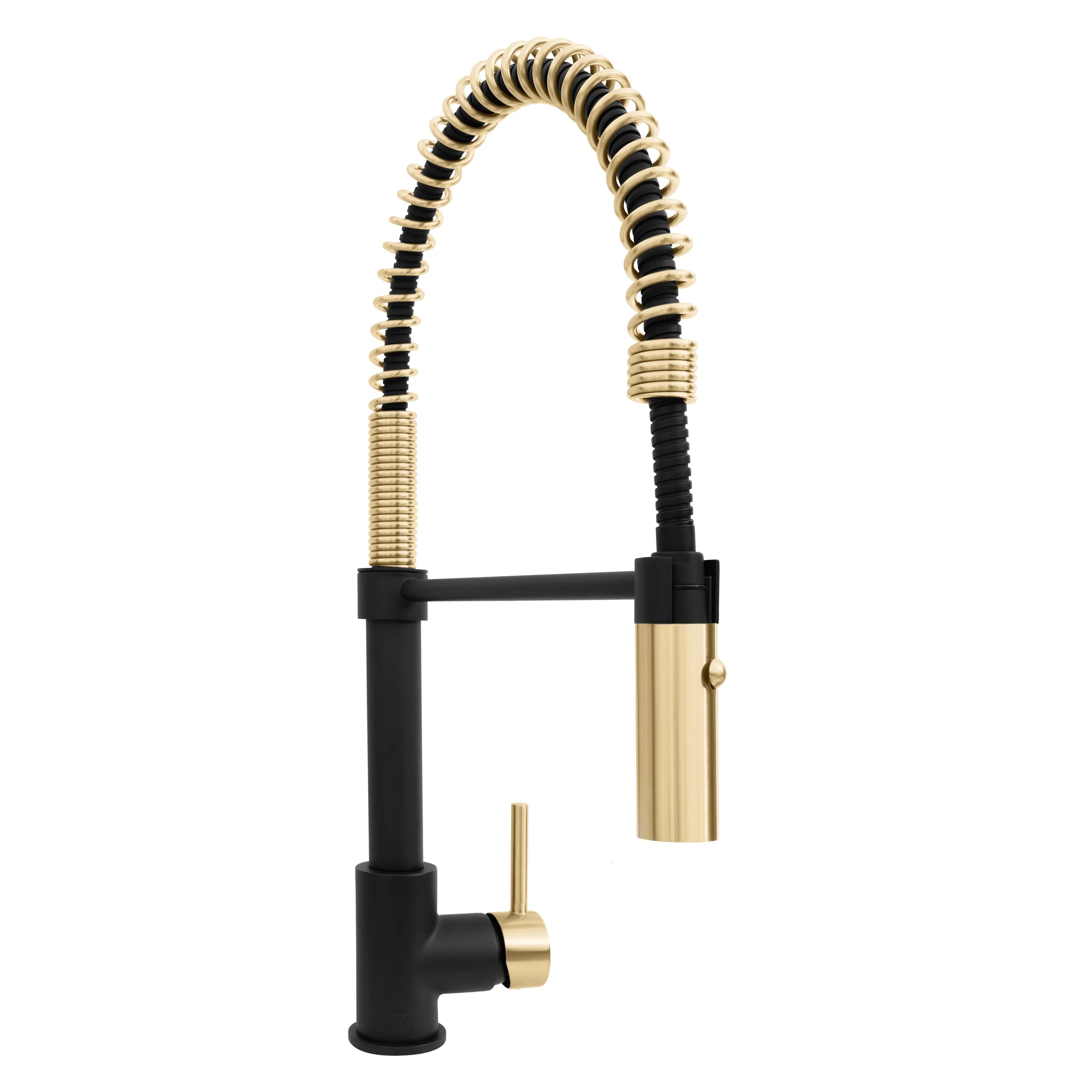Matte black single-handle kitchen faucet with champagne bronze sprayer and spring hose