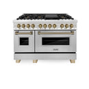 ZLINE 4-Piece Appliance Package - 48-Inch Legacy Autograph Dual Fuel Range, Wall Mount Range Hood, 36-Inch French Door Refrigerator with Water Dispenser, Dishwasher, in Stainless Steel with Champagne Bronze Accents