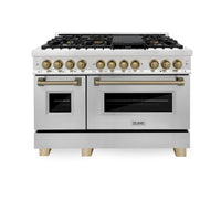ZLINE Legacy Series Autograph Edition 48-inch Dual Fuel Range with Gas Stove and 6.0 Cu. Ft. Electric Oven in Stainless Steel with Champagne Bronze Accents (RAZ-48-CB)