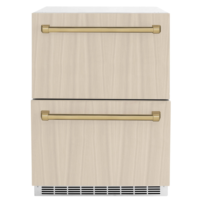 ZLINE Autograph Edition 24-Inch Touchstone 168 Can Outdoor-Rated Dual Refrigerator Drawer with Panel-Ready Doors and Champagne Bronze Handles  (RDSPOZ-24-CB)