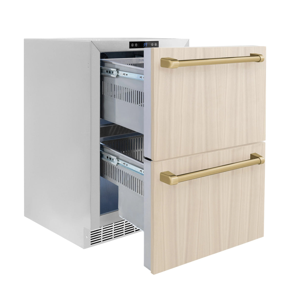 Outdoor refrigerator drawer open with light wood panel-ready doors and interior shelves