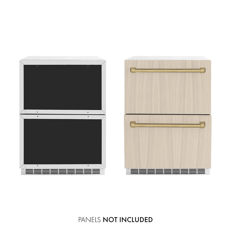 ZLINE Autograph Edition 24-Inch Touchstone 168 Can Outdoor-Rated Dual Refrigerator Drawer with Panel-Ready Doors and Champagne Bronze Handles  (RDSPOZ-24-CB)