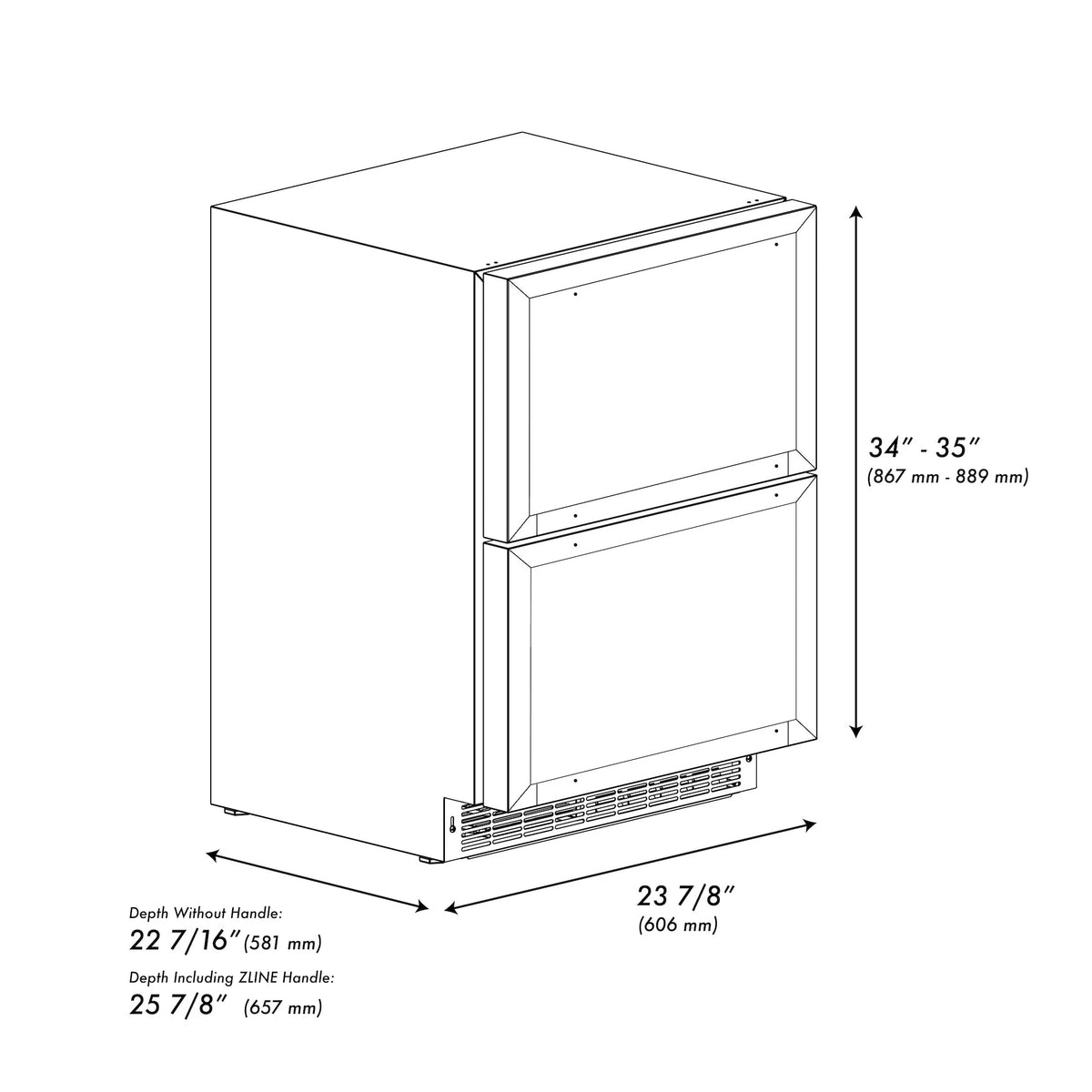 Outdoor dual refrigerator drawer unit with front vented grille and open door dimensions diagram