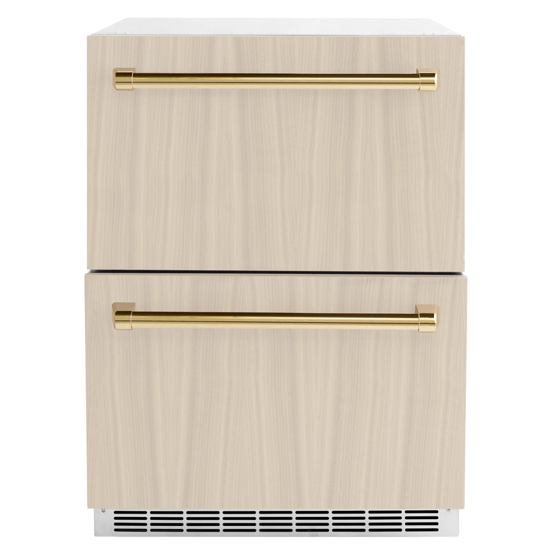 ZLINE Autograph Edition 24-Inch Touchstone 168 Can Outdoor Rated Dual Refrigerator Drawer with Panel-Ready Doors and Polished Gold Handles (RDSPOZ-24-G)