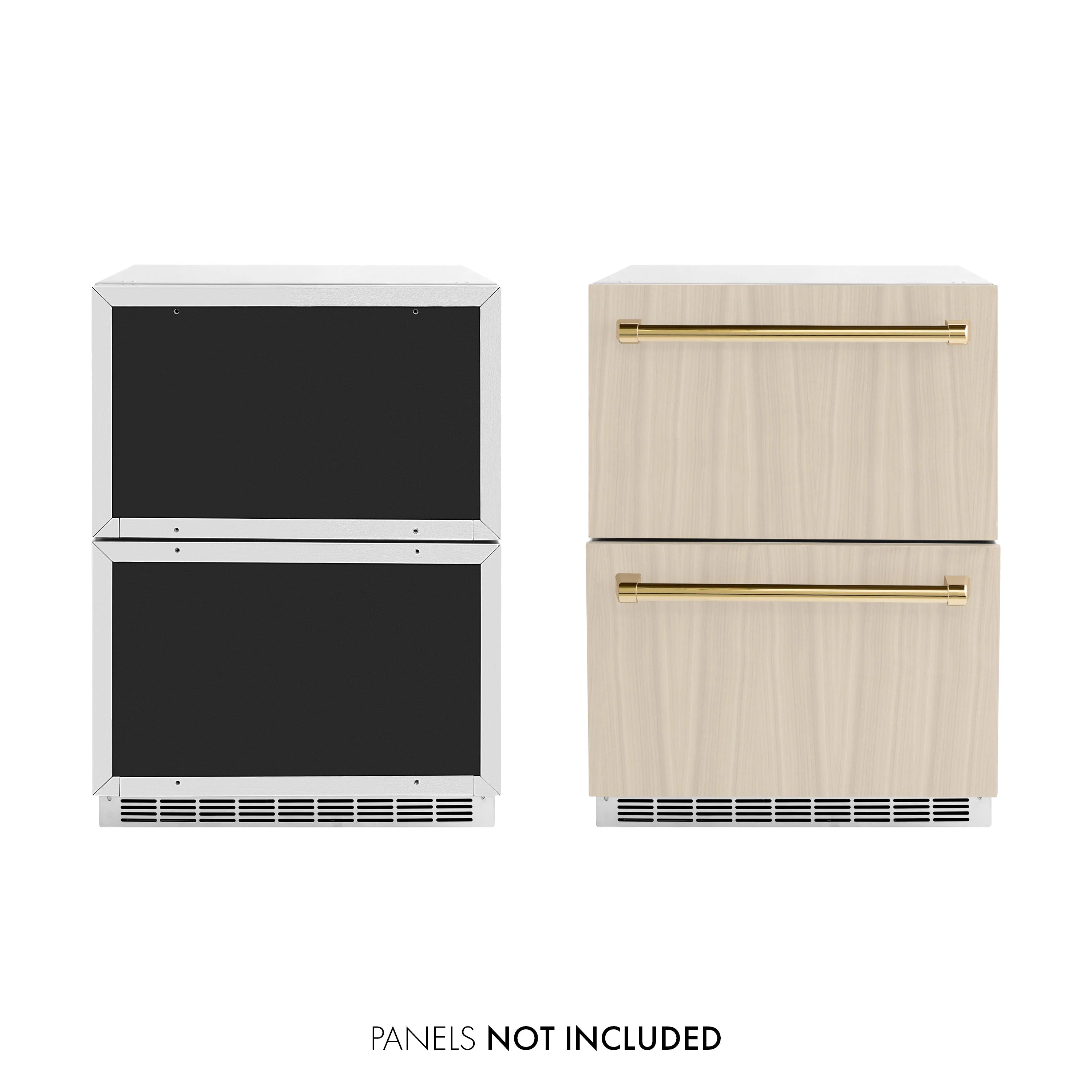 Panel-ready outdoor refrigerator drawer with two door fronts; gold handles; panels not included