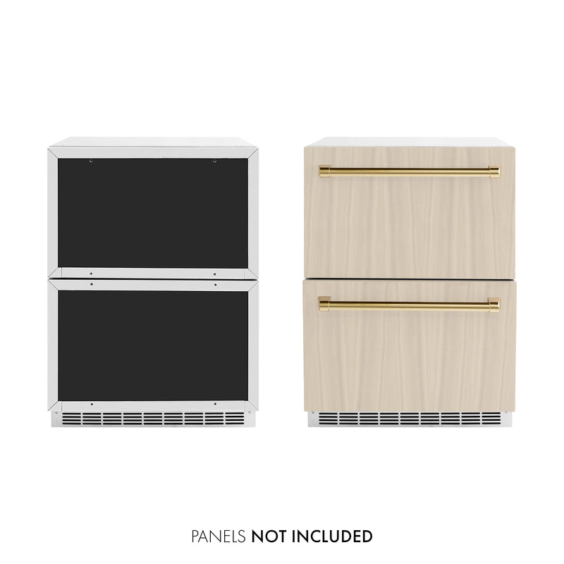 ZLINE Autograph Edition 24-Inch Touchstone 168 Can Outdoor Rated Dual Refrigerator Drawer with Panel-Ready Doors and Polished Gold Handles (RDSPOZ-24-G)