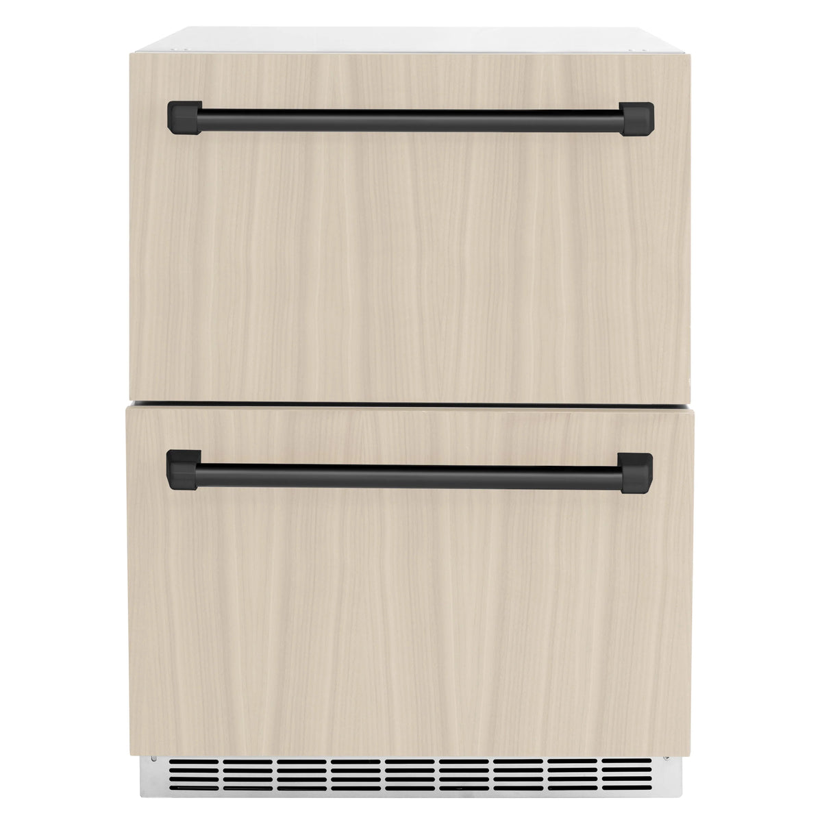 Outdoor dual refrigerator drawer with light wood panel doors and matte black bar handles