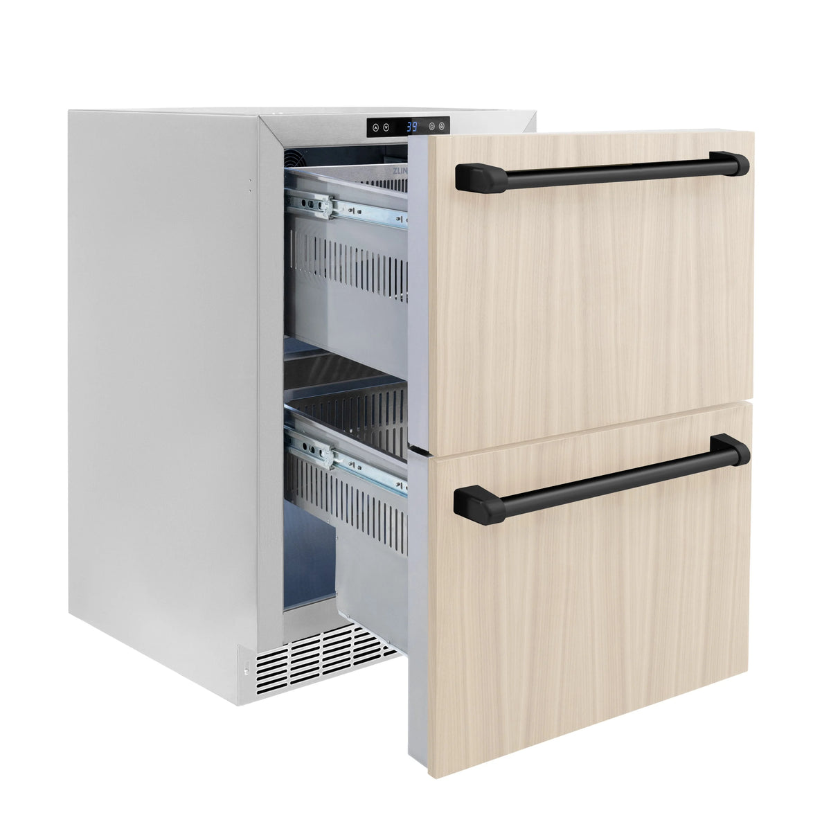 Outdoor refrigerator drawer with open dual compartments, stainless interior, black bar handles