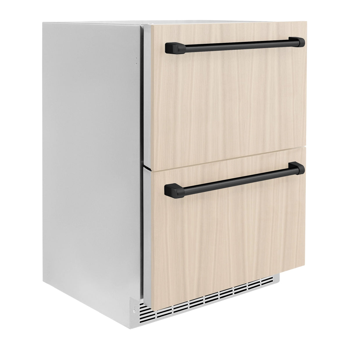 Dual refrigerator drawer with light wood doors, white side panel, and matte black handles