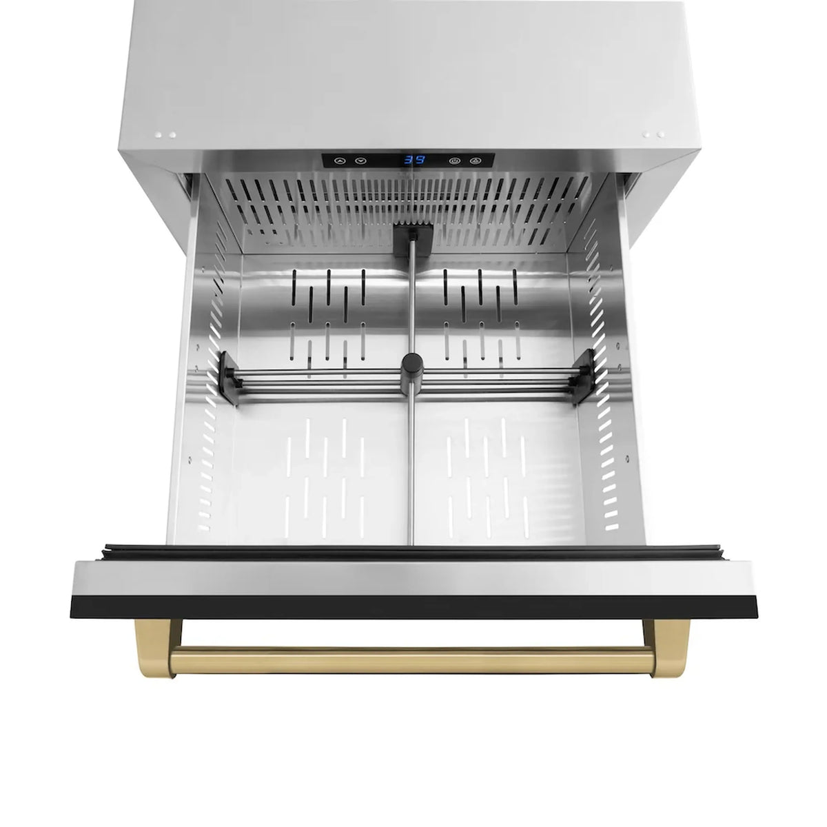Open refrigerator drawer with black front panel, bronze bar handle, and vented interior