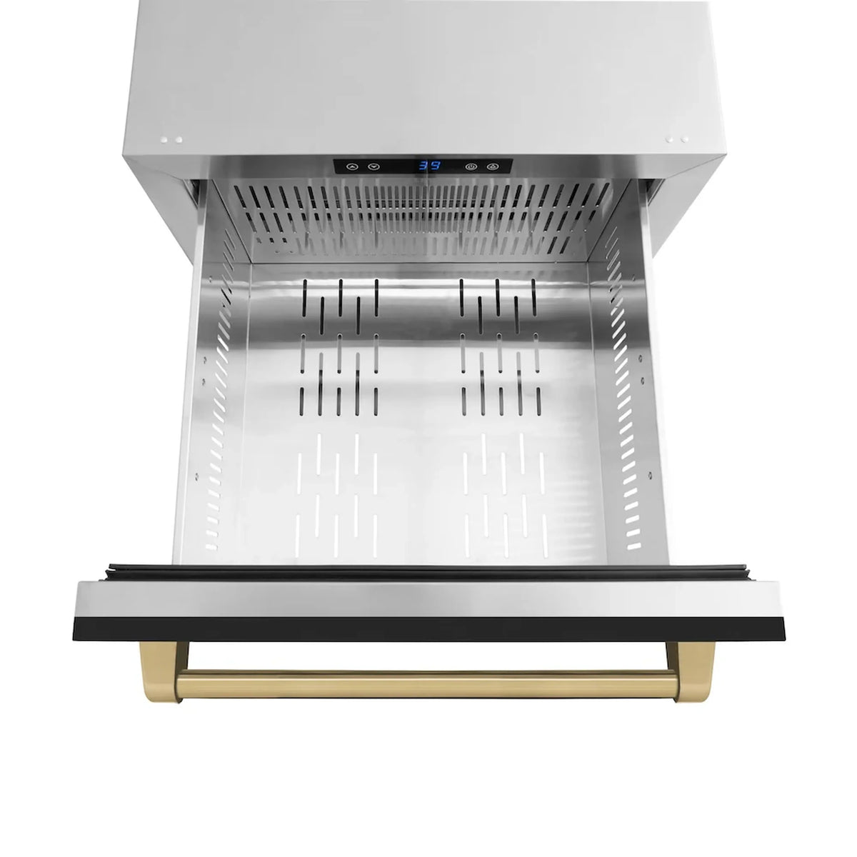 Open refrigerator drawer with vented interior and bronze bar handle on black front