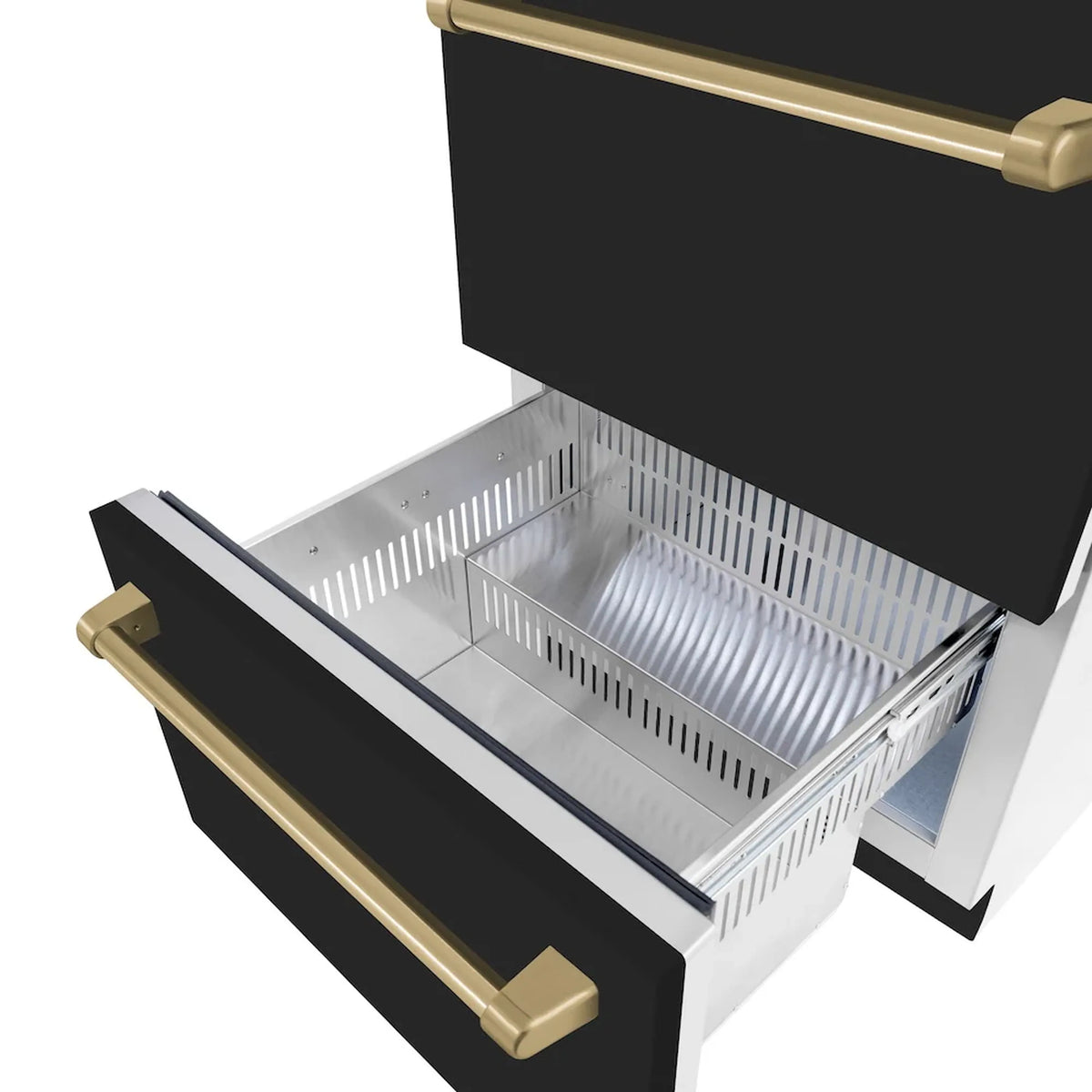 Open black refrigerator drawer with interior bin and champagne bronze handle bars