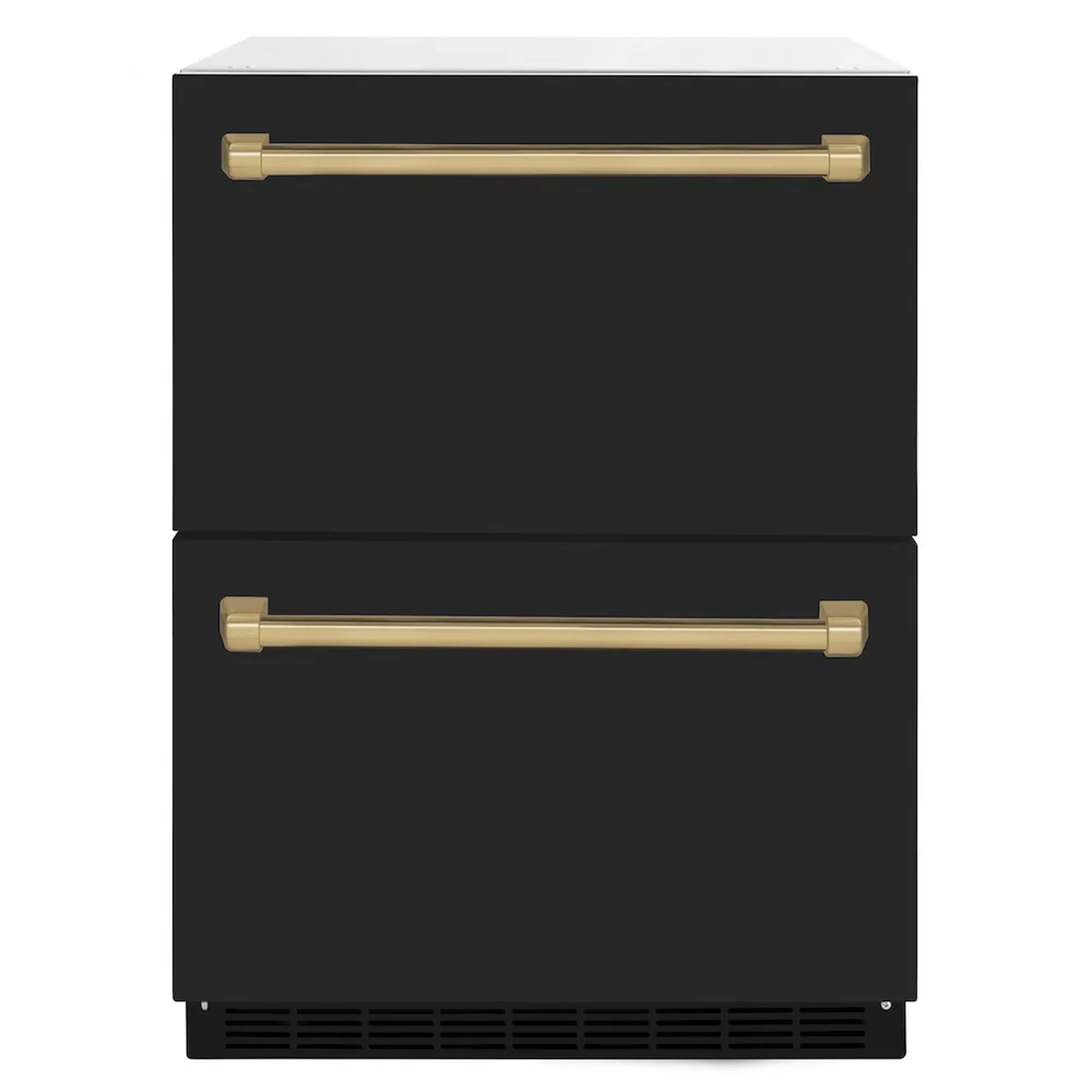 Matte black refrigerator drawer with two champagne bronze bar handles and lower vent grilles