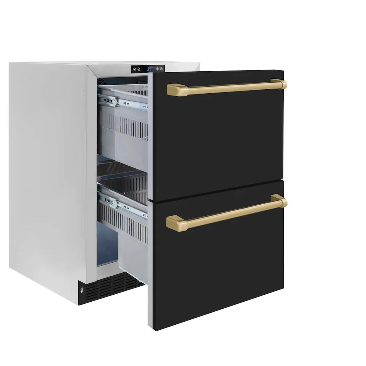 Open black refrigerator drawer with interior shelves and two champagne bronze bar handles