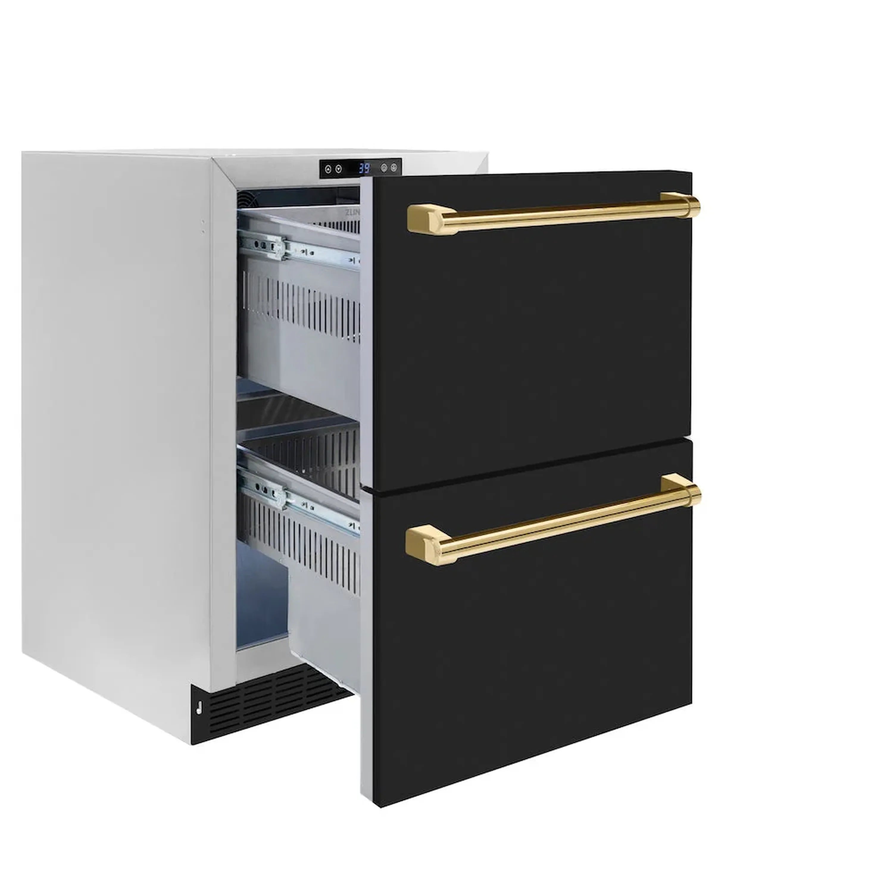 Open black matte refrigerator drawer with two gold handles and visible slide shelves