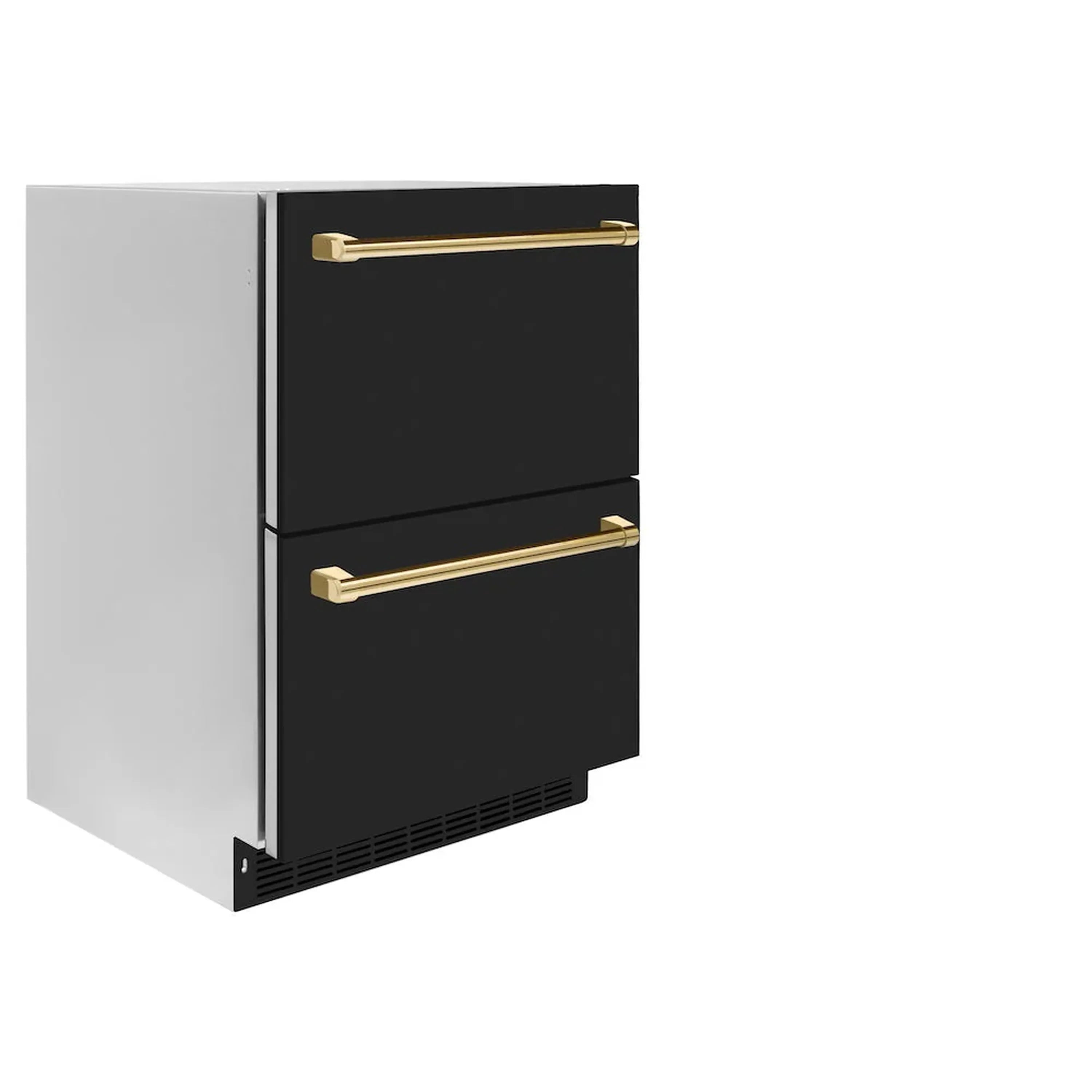Black matte refrigerator drawer with two gold bar handles and vented lower grille