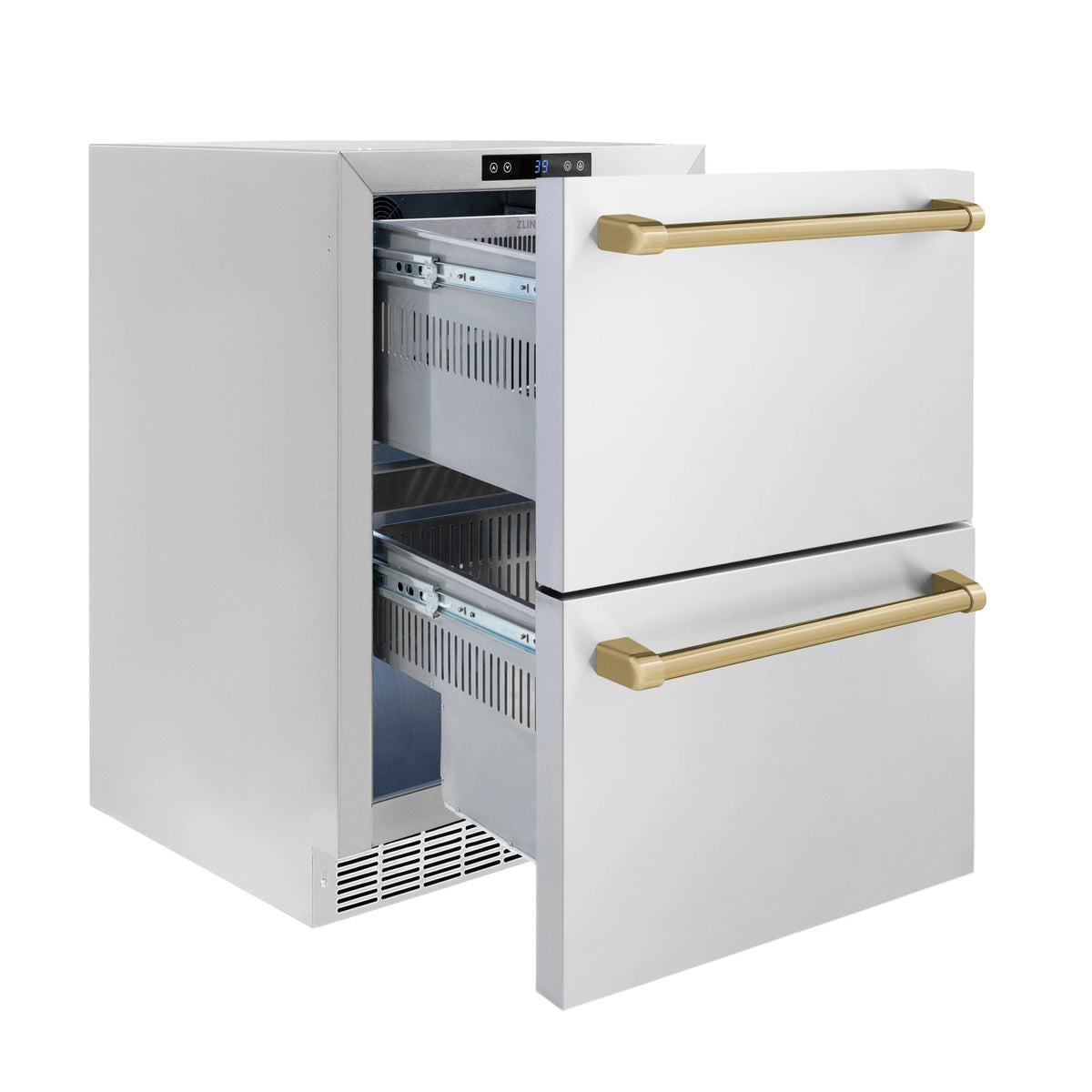 White refrigerator drawer with open door and interior shelves, champagne bronze handles