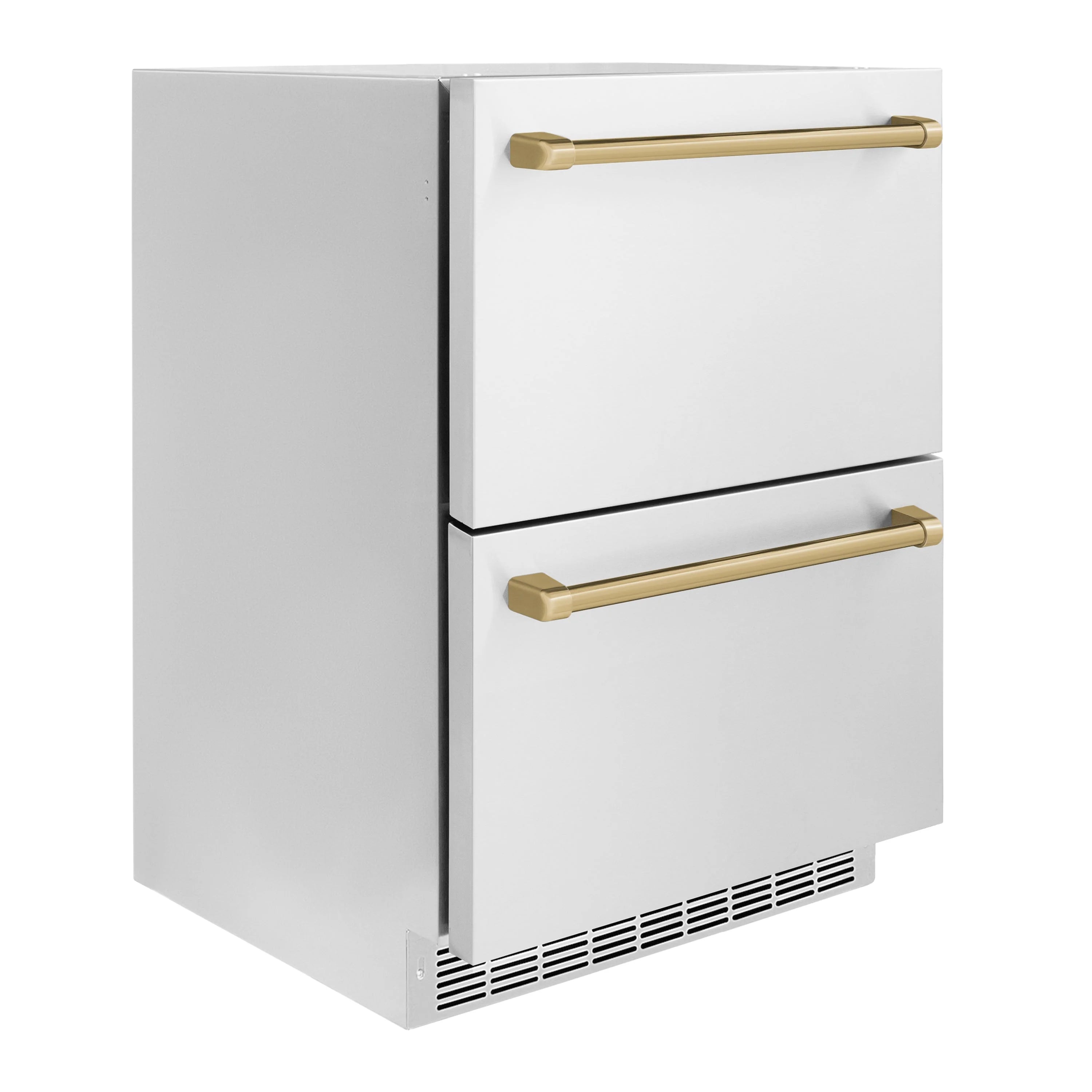 White 24-inch refrigerator drawer with champagne bronze bar handles, front view