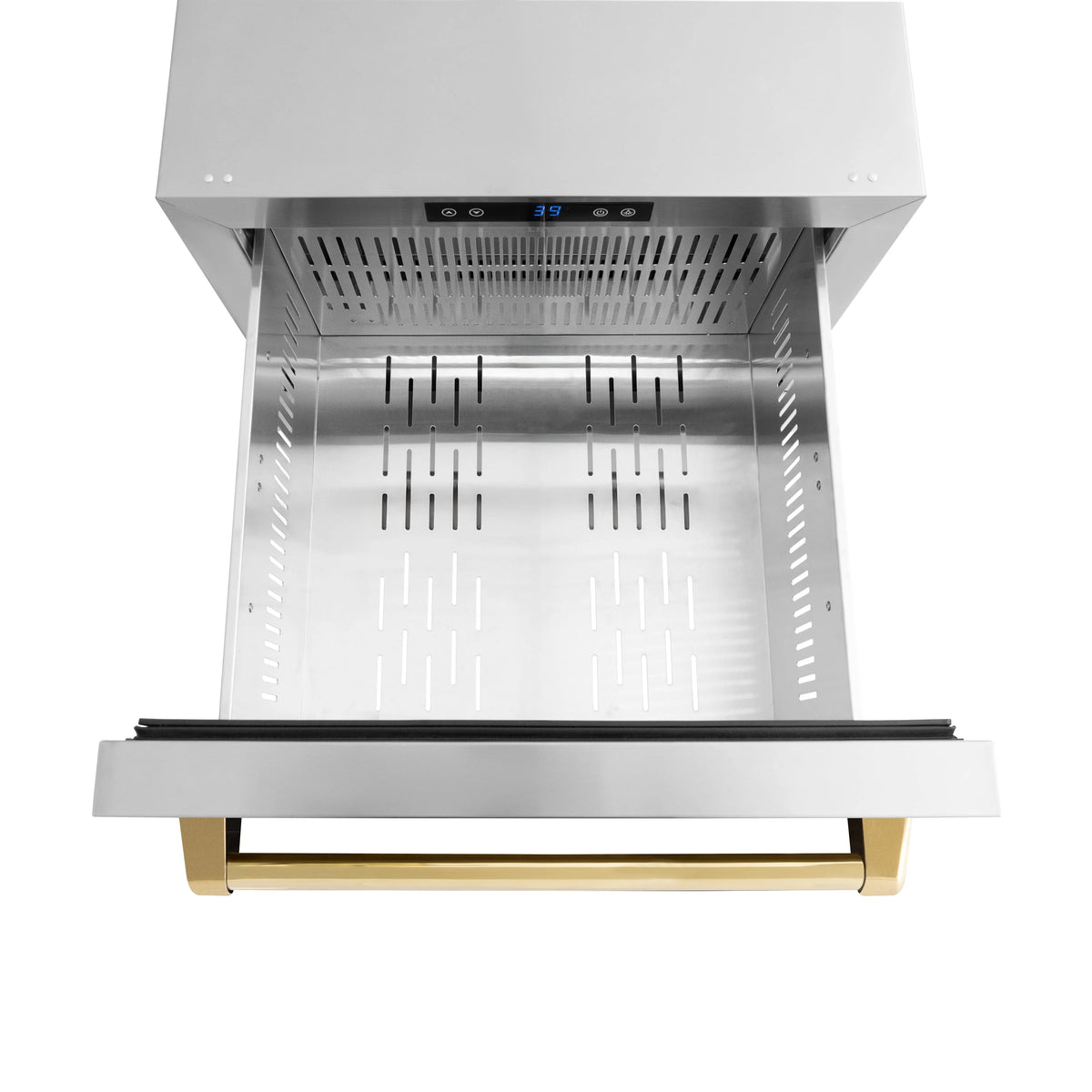 Outdoor refrigerator drawer open, stainless racks and gold front trim