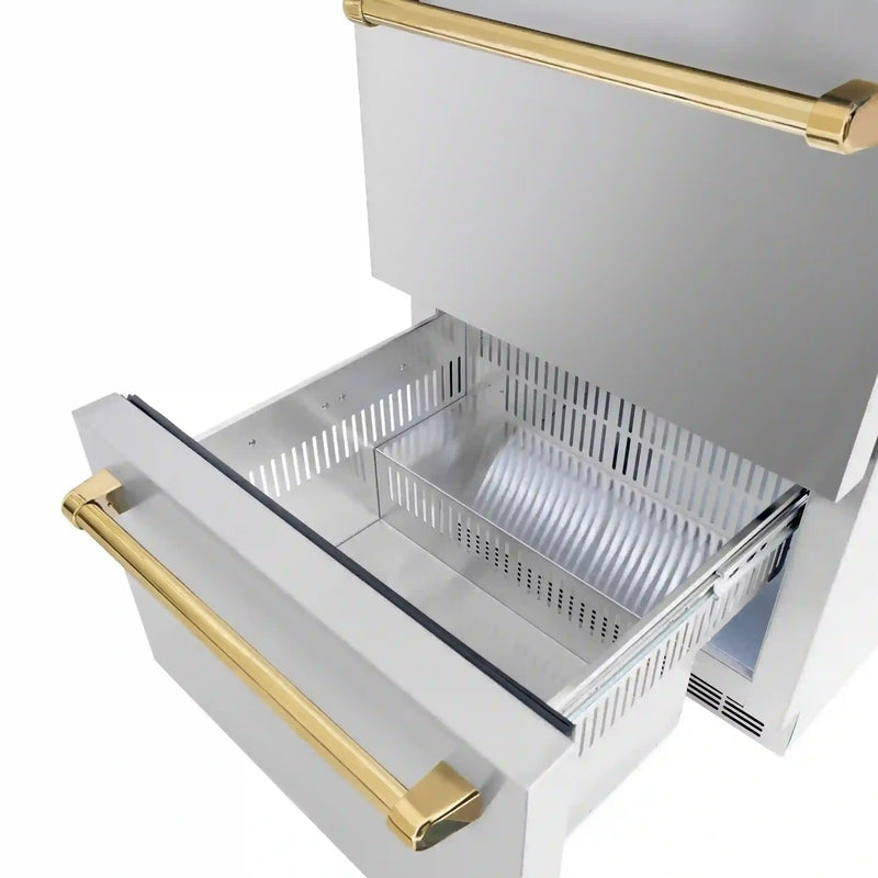 ZLINE Autograph Edition 24-Inch Touchstone 168 Can Outdoor-Rated Dual Refrigerator Drawer with Stainless Steel Doors and Polished Gold Handles (RDSOZ-ST-24-G)