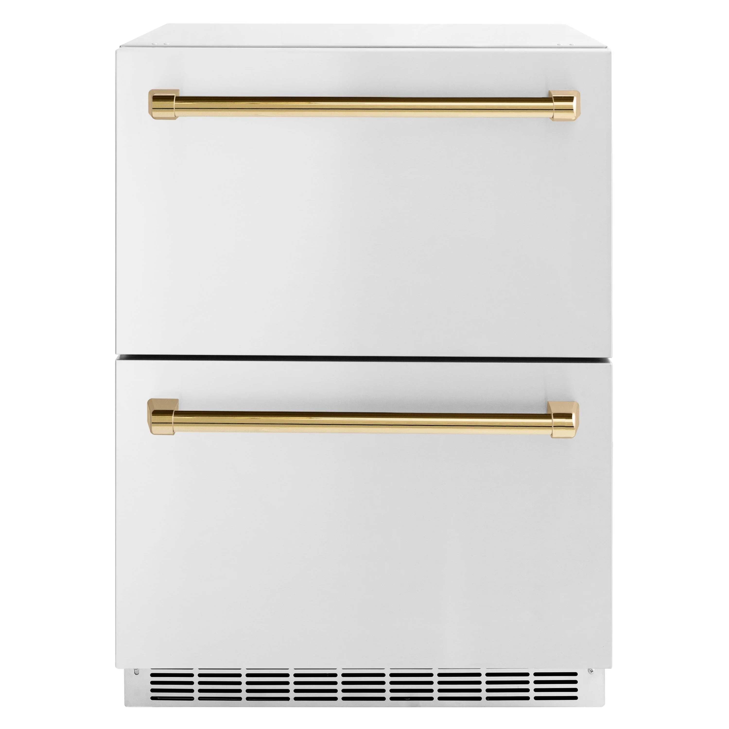 White dual refrigerator drawer front with two polished gold bar handles