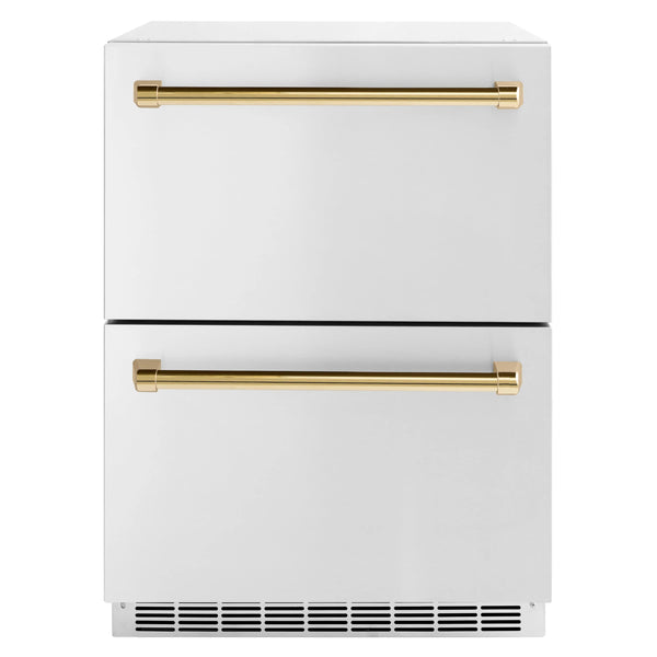 ZLINE Autograph Edition 24-Inch Touchstone 168 Can Outdoor-Rated Dual Refrigerator Drawer with Stainless Steel Doors and Polished Gold Handles (RDSOZ-ST-24-G)