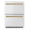 ZLINE Autograph Edition 24-Inch Touchstone 168 Can Outdoor-Rated Dual Refrigerator Drawer with Stainless Steel Doors and Polished Gold Handles (RDSOZ-ST-24-G)